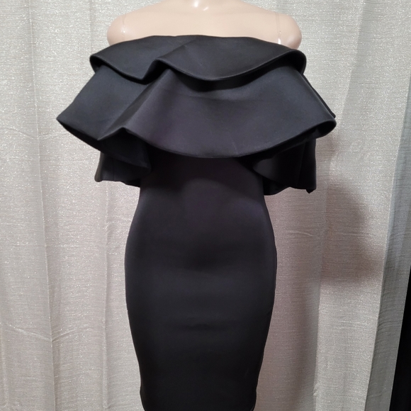 Fashion Sexy Black midi Dress size L S strech,. Thick material neoprene fabric. - Picture 10 of 11
